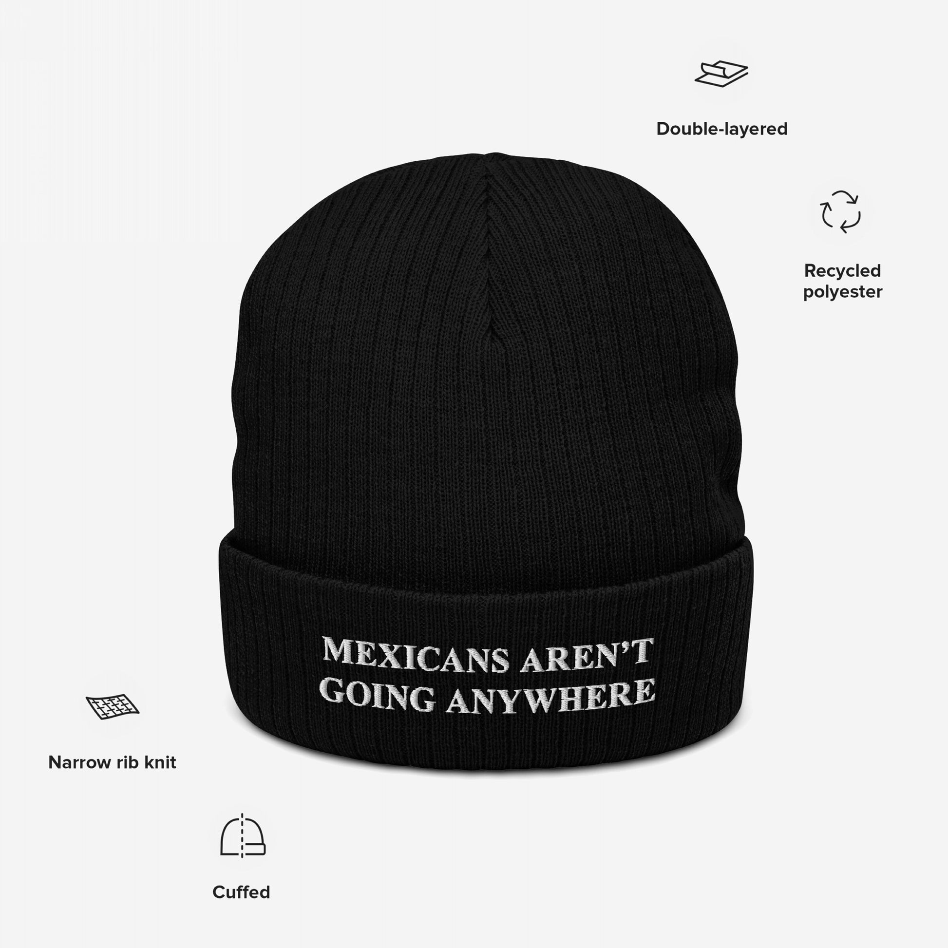 Black knit beanie hat with MEXICANS AREN’T GOING ANYWHERE embroidered in white on the brim, symbolizing pride and resistance, made from recycled polyester. Icons indicate narrow rib knit, double-layered design.