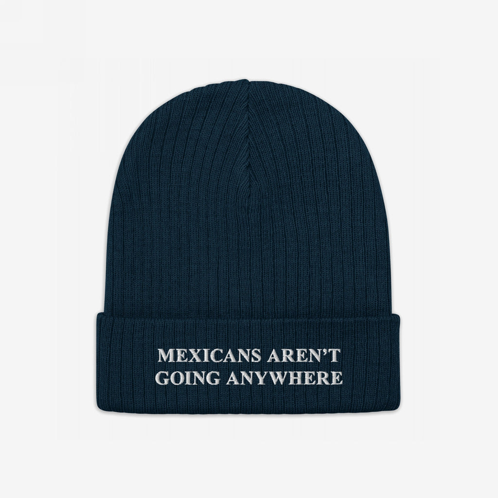 Dark navy-blue knit beanie with “MEXICANS AREN’T GOING ANYWHERE” embroidered in white, embodying pride and resistance against racism and nationalism.