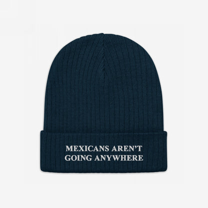 Dark navy-blue knit beanie with “MEXICANS AREN’T GOING ANYWHERE” embroidered in white, embodying pride and resistance against racism and nationalism.