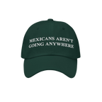 Dark green Mexicans Aren’t Going Anywhere Hat with white embroidery, symbolizing pride and resistance against racism and na