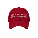 Red baseball cap with white embroidered text: MEXICANS AREN’T GOING ANYWHERE. The Mexicans Aren’t Going Anywhere Hat repr