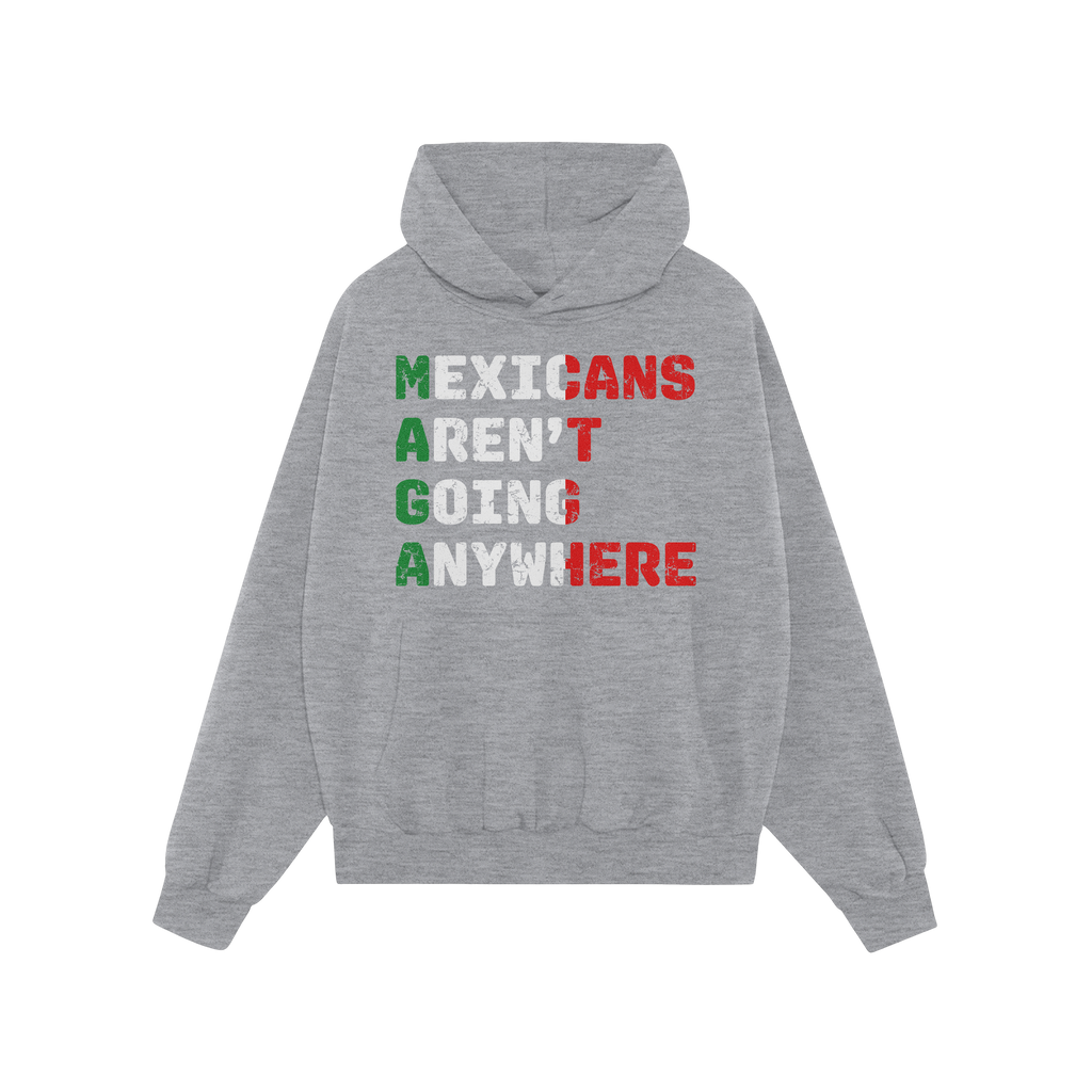 Light-gray pullover hoodie with a kangaroo pocket, featuring the bold slogan Mexicans Aren’t Going Anywhere in Mexican flag