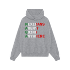Light-gray pullover hoodie with a kangaroo pocket, featuring the bold slogan Mexicans Aren’t Going Anywhere in Mexican flag