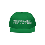 Green flat-brimmed cap with white embroidery: “Mexicans Aren’t Going Anywhere.” A bold statement of pride and resistanc