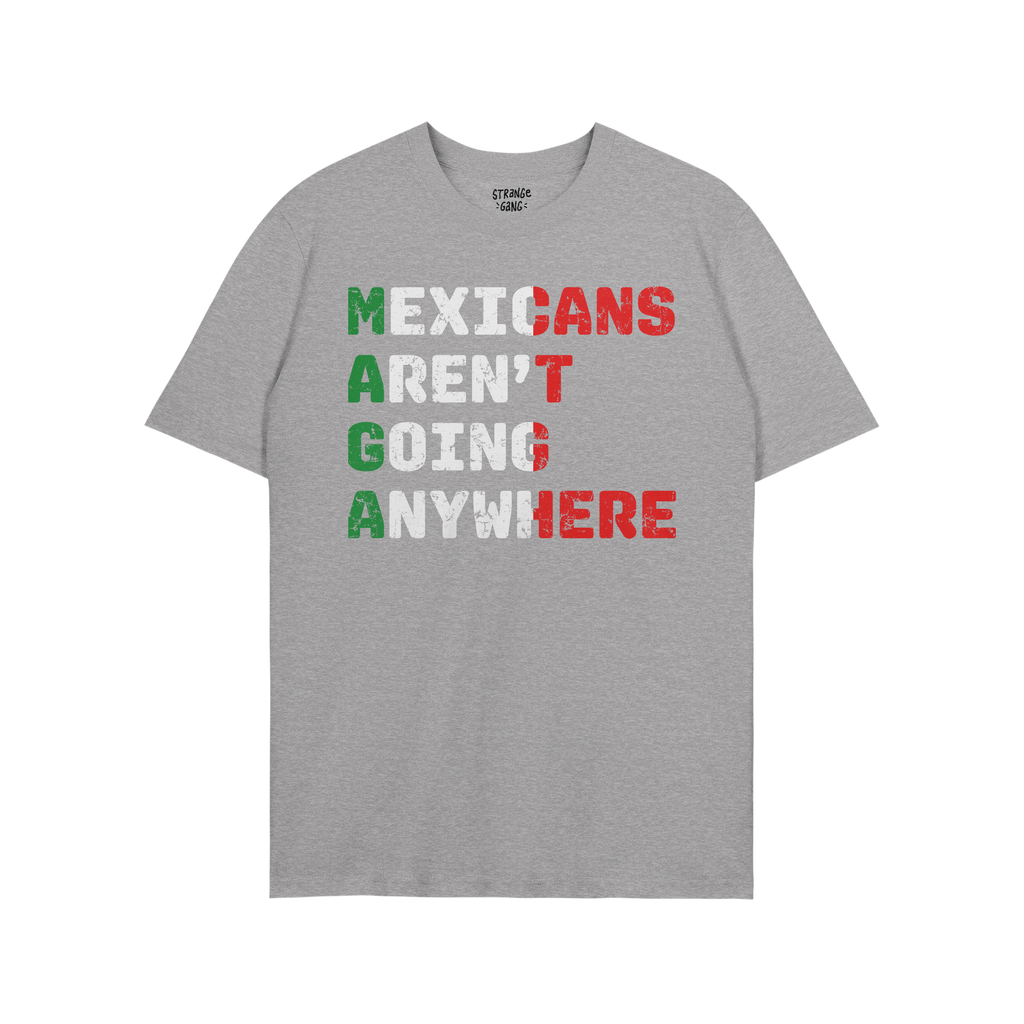 Heather-gray T-shirt titled Mexicans Aren’t Going Anywhere Shirt featuring bold, distressed block letters in Mexican flag c