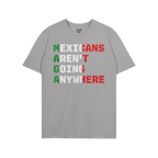 Heather-gray T-shirt titled Mexicans Aren’t Going Anywhere Shirt featuring bold, distressed block letters in Mexican flag c