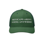 Mexicans Aren’t Going Anywhere Hat: A green trucker-style cap with a white embroidered message promoting pride and resistan