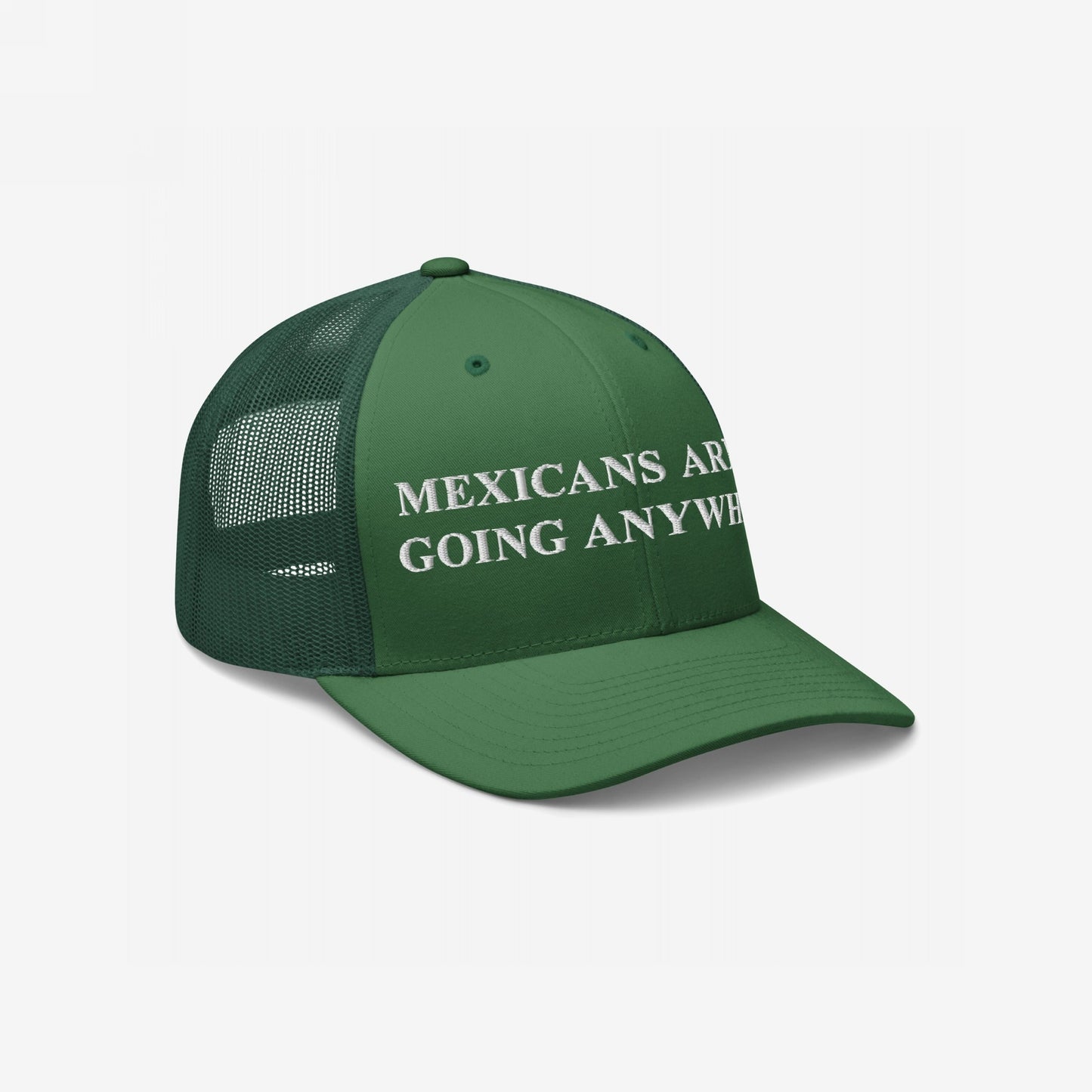 Green mesh-back trucker hat with a curved brim, embroidered with Mexicans Aren't Going Anywhere in white block letters, symbolizing pride and resistance against racism and anti-immigrant sentiments.
