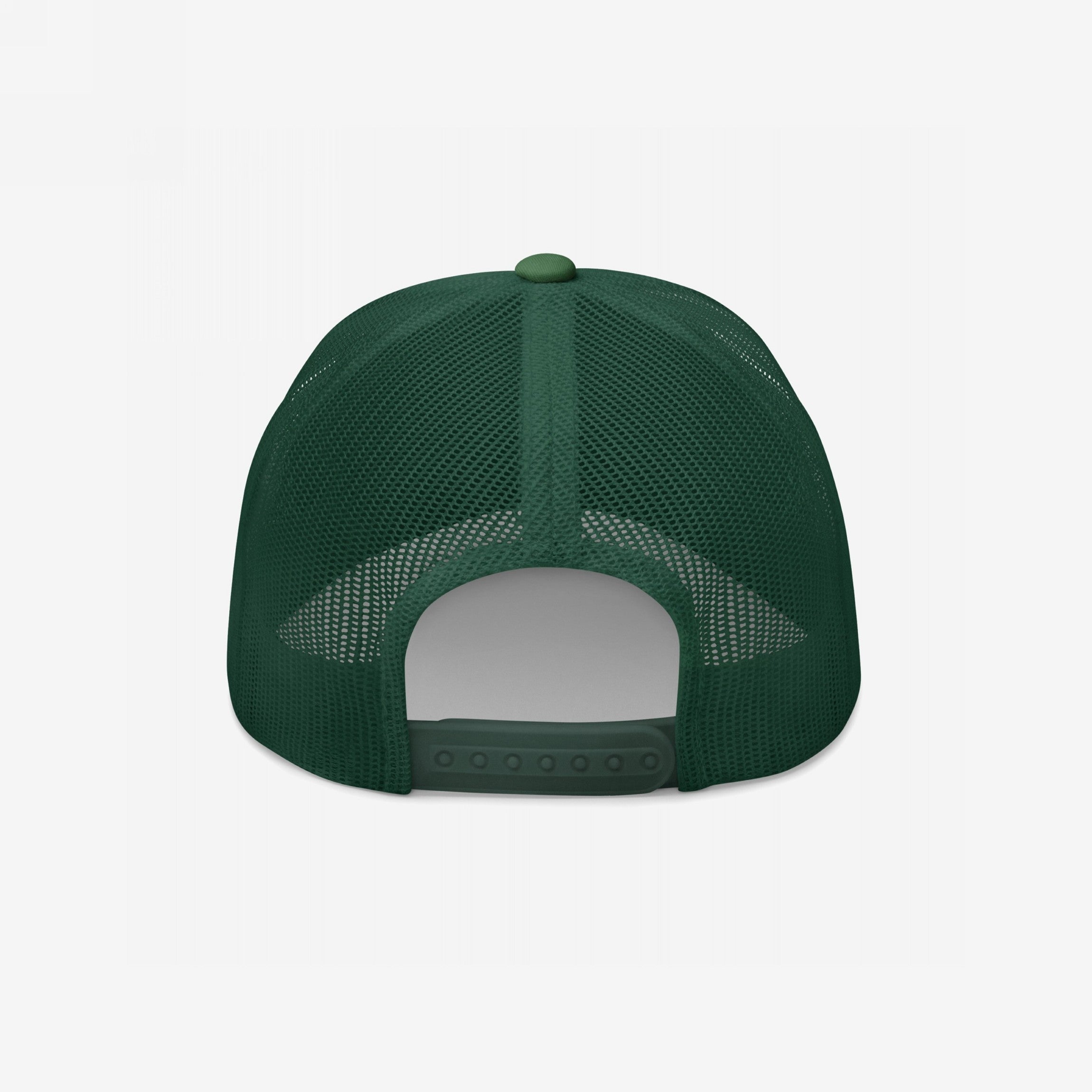 Back view of the Mexicans Aren’t Going Anywhere Hat, a dark-green mesh trucker cap with adjustable snap-closure, symbolizing pride and resistance against racism and anti-immigrant hate.