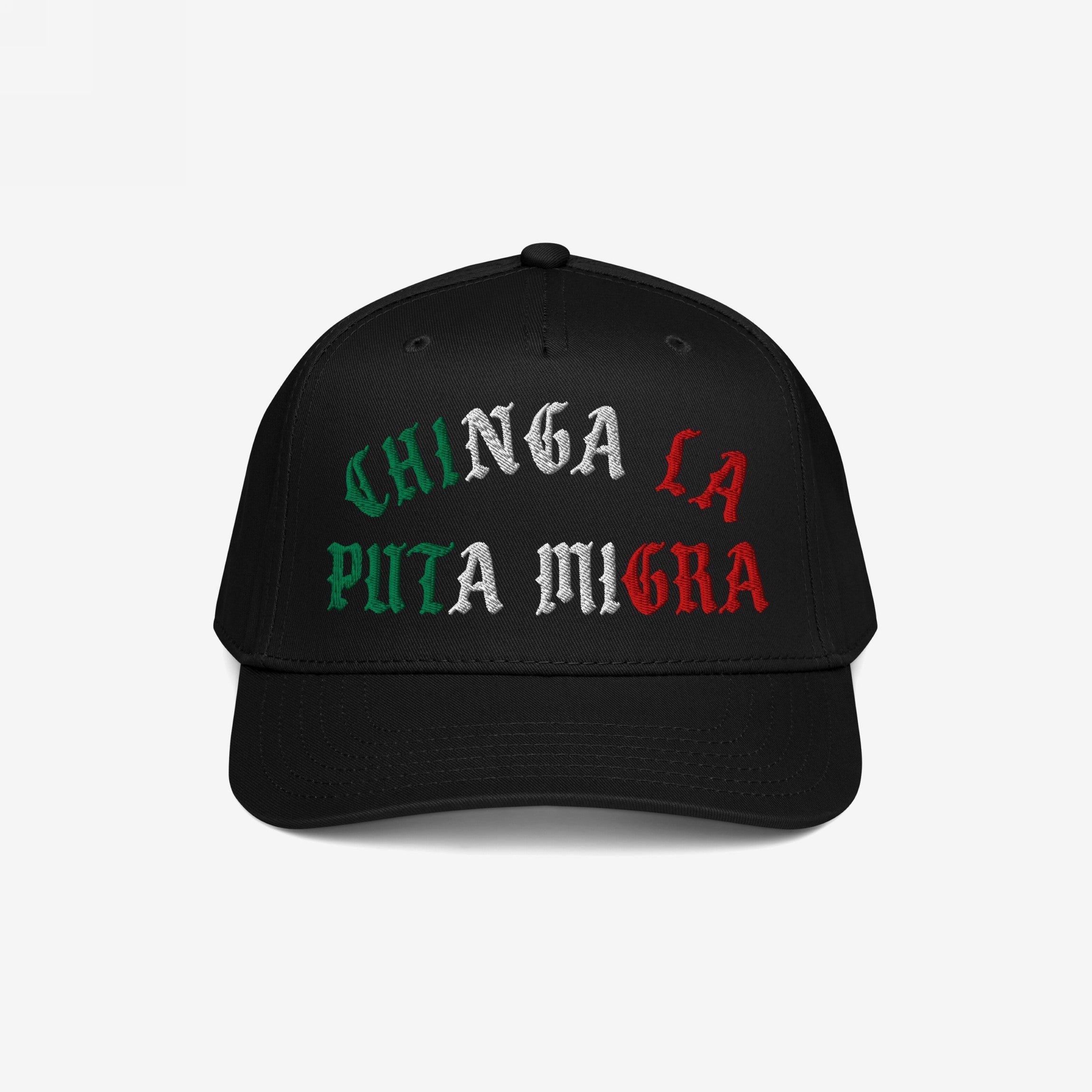 Chinga La Migra Mexico Hat featuring a bold Spanish slogan in Mexican flag colors, designed for anti-fascist protest and immigrant rights advocacy, available in various styles like snapback and dad hat.