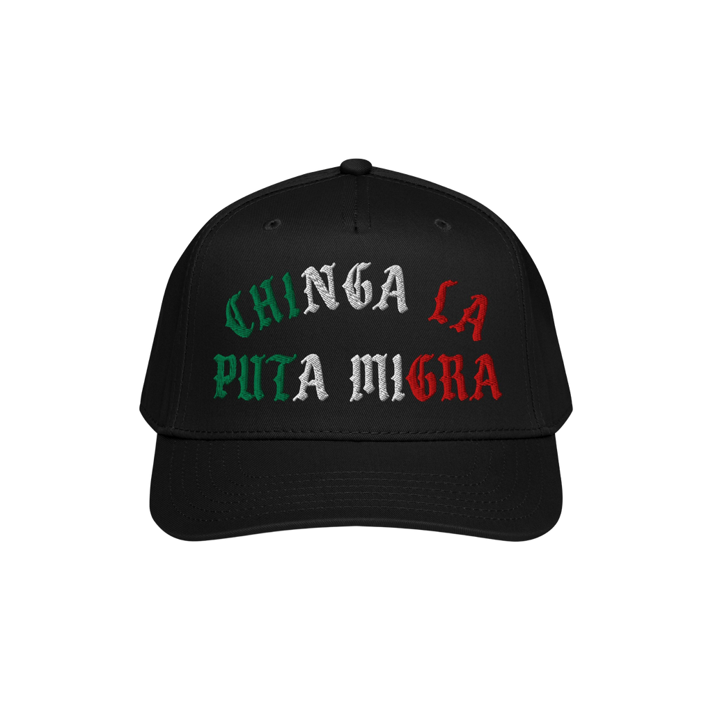 Chinga La Migra Mexico Hat featuring a bold Spanish slogan in Mexican flag colors, designed for anti-fascist protest and immi