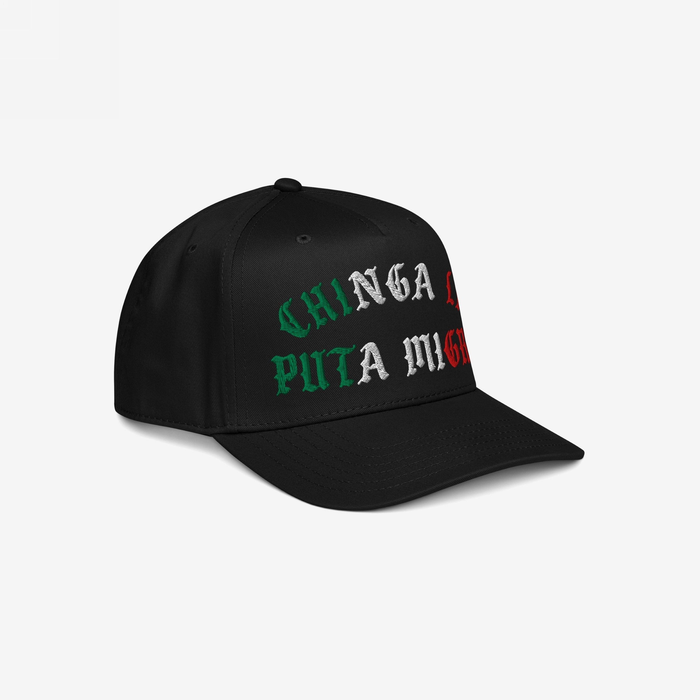 Chinga La Migra Mexico Hat featuring a bold protest slogan in gothic font, embroidered in Mexican flag colors, symbolizing immigrant rights and anti-fascism on a classic black baseball cap.