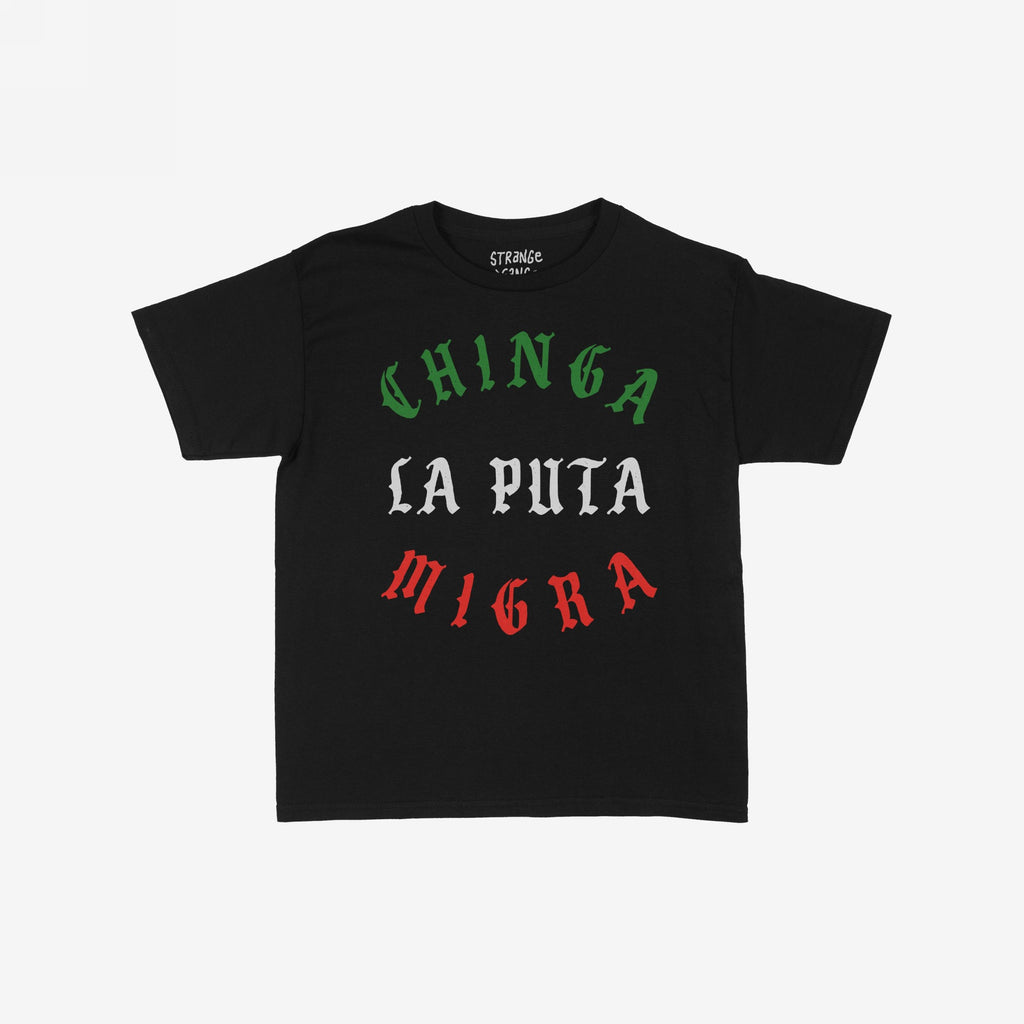 Chinga La Migra Mexico Women's Baby Tee featuring a bold, gothic font slogan in Mexican flag colors, embodying defiance against immigration authorities. Ideal for activists and supporters of immigrant rights and equality.