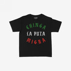 Chinga La Migra Mexico Women's Baby Tee featuring a bold, gothic font slogan in Mexican flag colors, embodying defiance against immigration authorities. Ideal for activists and supporters of immigrant rights and equality.