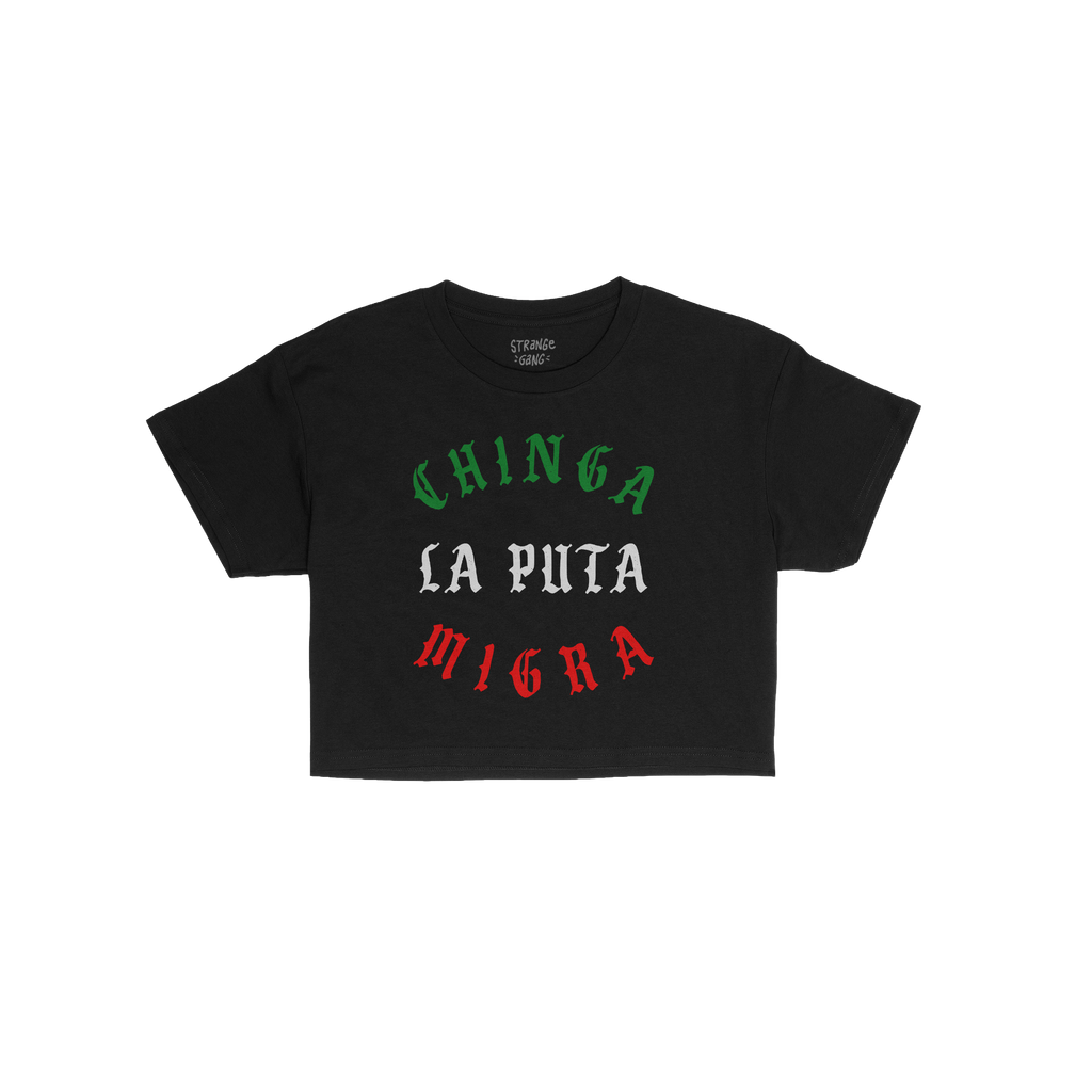 Chinga La Migra Mexico Women's Baby Tee featuring a bold, gothic font slogan in Mexican flag colors, embodying defiance again