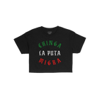 Chinga La Migra Mexico Women's Baby Tee featuring a bold, gothic font slogan in Mexican flag colors, embodying defiance again