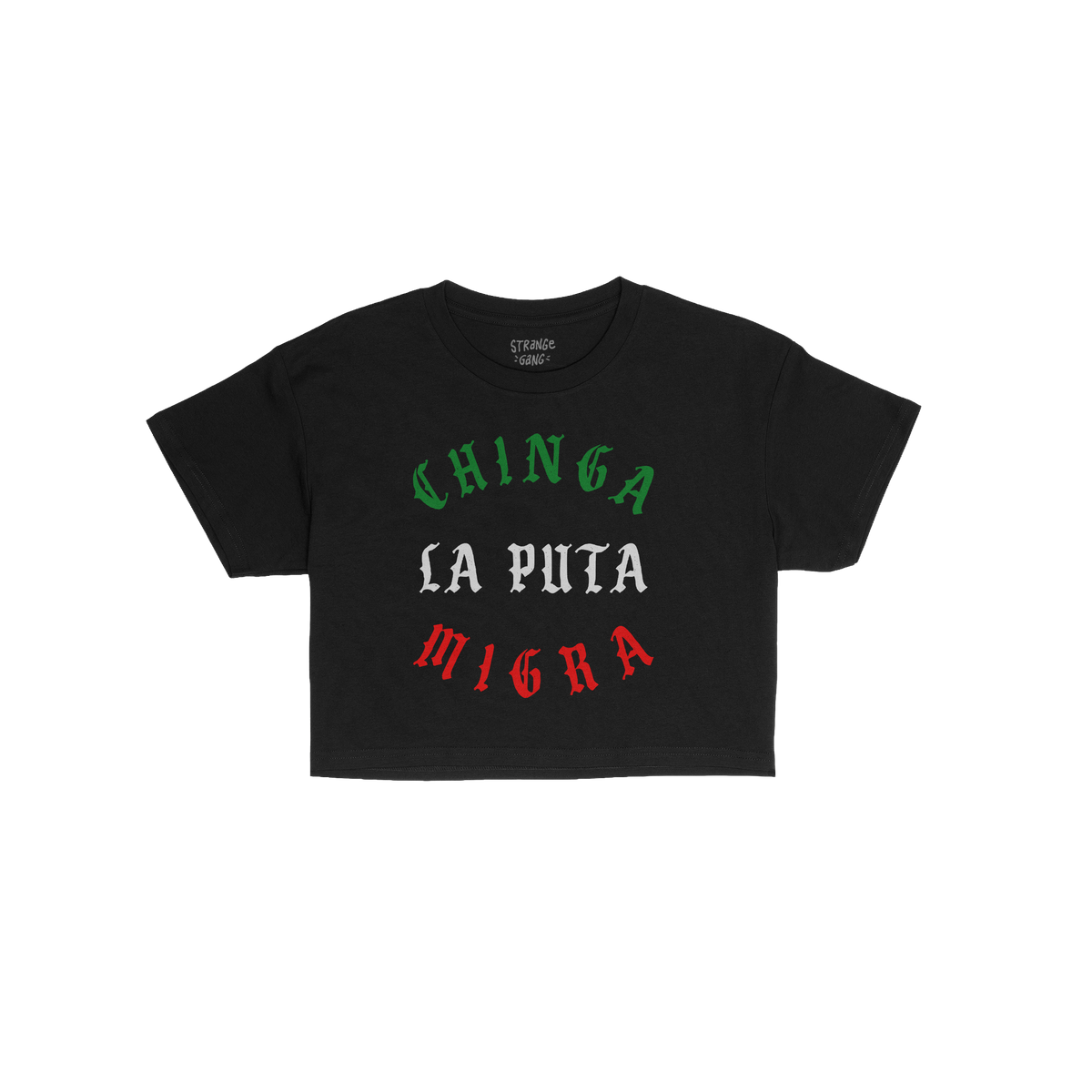 Chinga La Migra Mexico Women's Baby Tee featuring a bold, gothic font slogan in Mexican flag colors, embodying defiance again