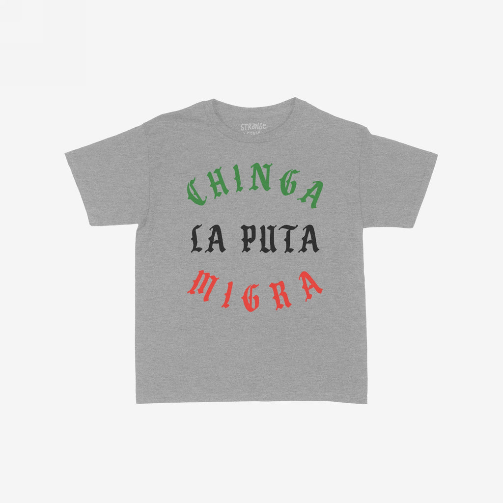 Chinga La Migra Mexico Women's Baby Tee features a heather-gray fabric with a bold slogan in Mexican flag colors, echoing a defiant spirit against immigration authorities, ideal for activists and protestors.
