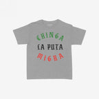 Chinga La Migra Mexico Women's Baby Tee features a heather-gray fabric with a bold slogan in Mexican flag colors, echoing a defiant spirit against immigration authorities, ideal for activists and protestors.