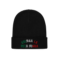 The Chinga La Migra Mexico Hat is a black rib-knit beanie with CHINGA LA PUTA MIGRA embroidered in green, white, and red on t