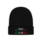 The Chinga La Migra Mexico Hat is a black rib-knit beanie with CHINGA LA PUTA MIGRA embroidered in green, white, and red on t