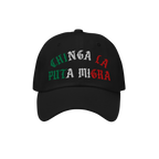 Black Chinga La Migra Mexico Hat with Chinga La Puta Migra embroidered in Mexican flag colors, embodying a bold anti-fascist 