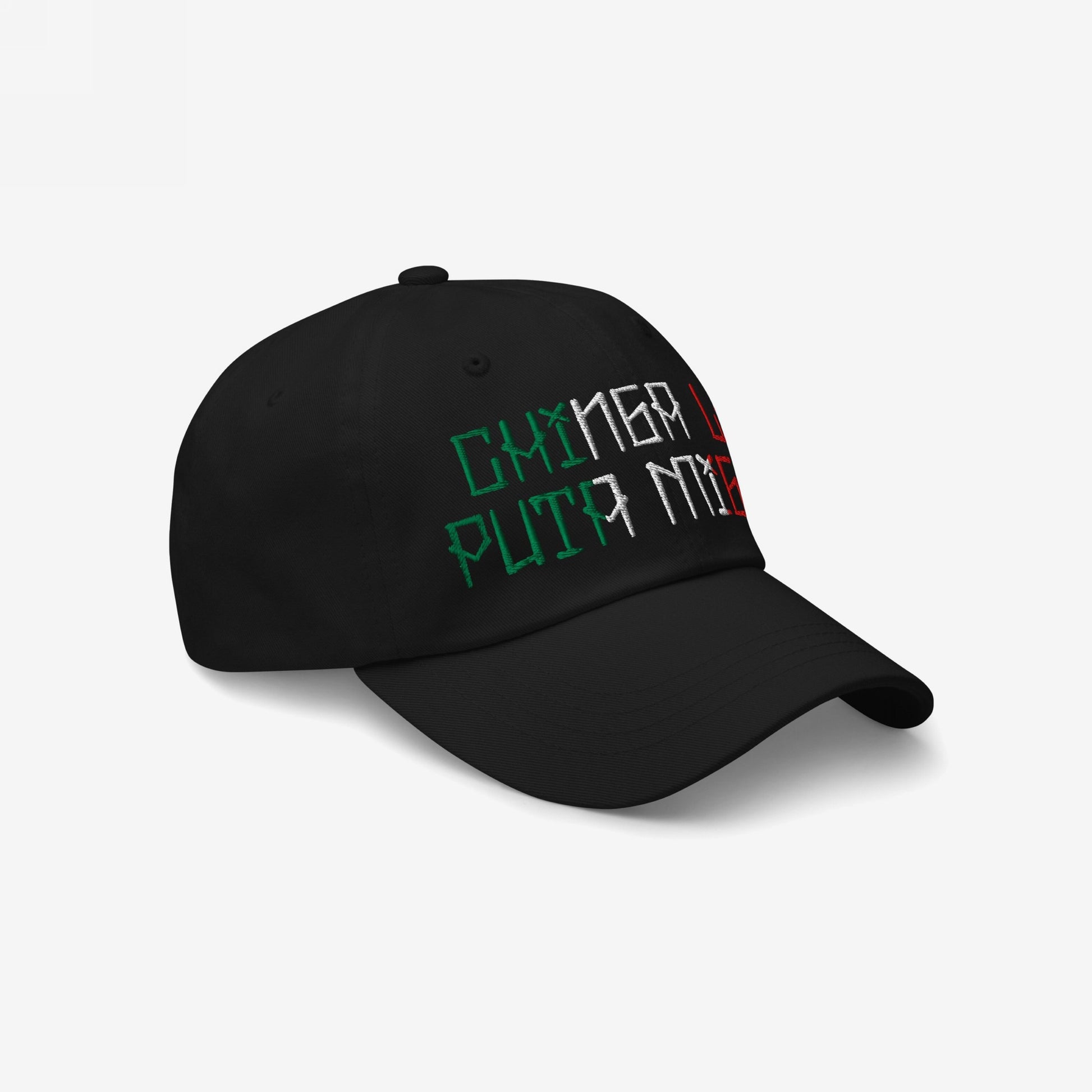 Black six-panel dad hat with bold embroidered slogan Chinga La Puta Migra in Mexican flag colors, featuring PUTIN in the center, symbolizing resistance and solidarity against dehumanization.