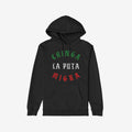 Black Chinga La Migra Mexico Hoodie & Sweatshirt featuring a bold protest slogan in gothic-style font with Mexican-flag colors, designed for anti-fascist and immigrant rights supporters.