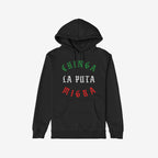 Black Chinga La Migra Mexico Hoodie & Sweatshirt featuring a bold protest slogan in gothic-style font with Mexican-flag colors, designed for anti-fascist and immigrant rights supporters.