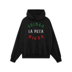 Black Chinga La Migra Mexico Hoodie & Sweatshirt featuring a bold protest slogan in gothic-style font with Mexican-flag color