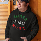 Chinga La Migra Mexico Hoodie features bold green, white, and red text on black, advocating immigrant rights. Ideal for anti-fascist supporters, this design embodies resilience and activism.