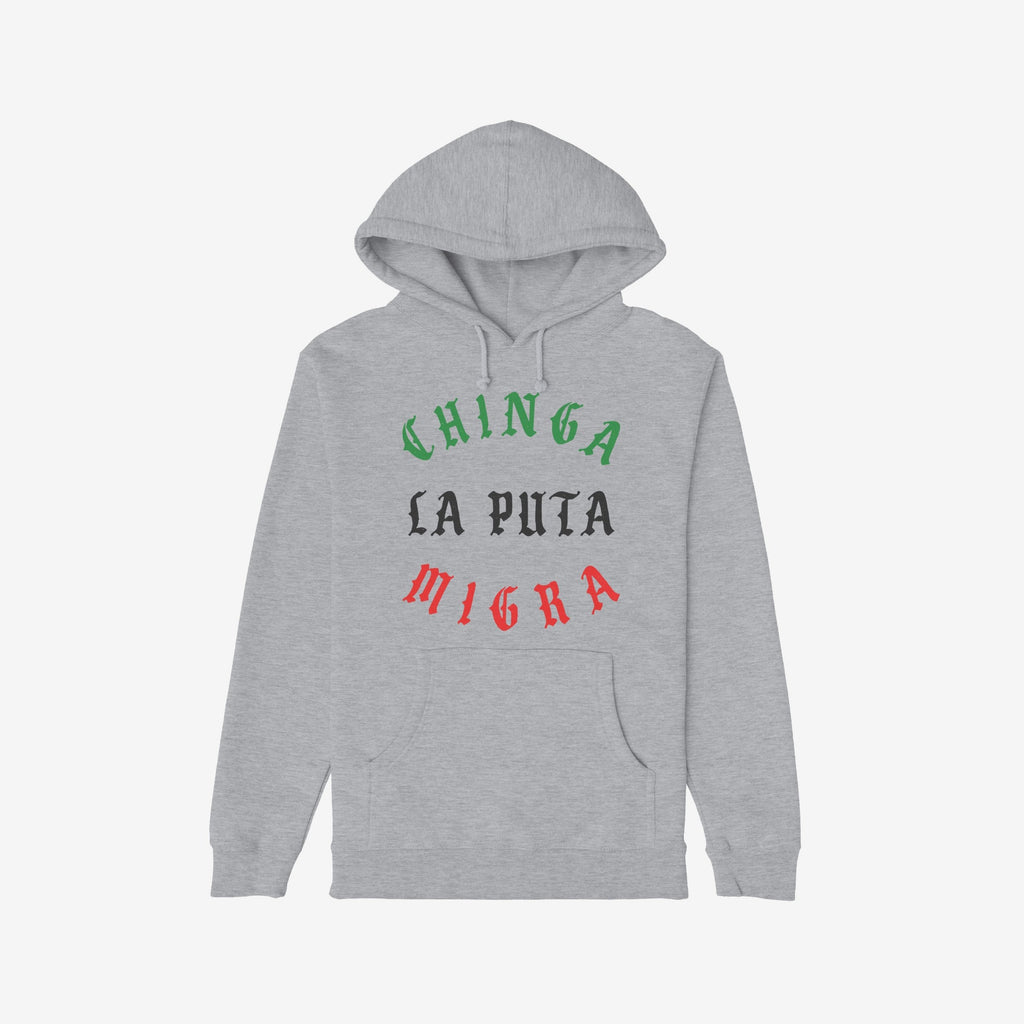 Chinga La Migra Mexico Hoodie in light-gray features a bold, protest statement in stylized green, black, and red letters, perfect for those advocating immigrant rights and anti-fascism.