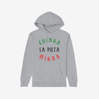 Chinga La Migra Mexico Hoodie in light-gray features a bold, protest statement in stylized green, black, and red letters, perfect for those advocating immigrant rights and anti-fascism.