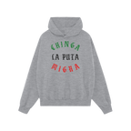 Chinga La Migra Mexico Hoodie in light-gray features a bold, protest statement in stylized green, black, and red letters, per