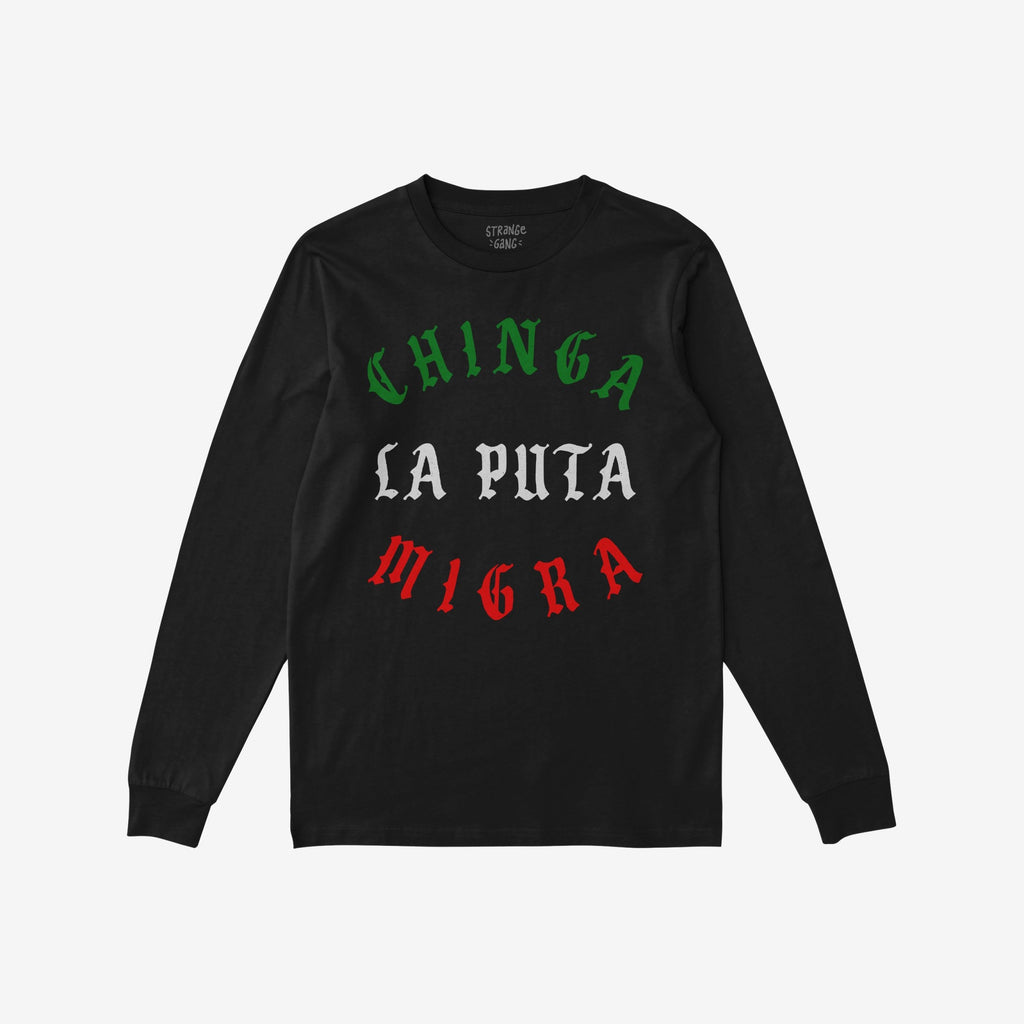 Chinga La Migra Mexico T-shirt features a bold protest slogan in stylized Old English lettering, conveying a powerful anti-ICE message on a black, long-sleeve design for advocates of equality and justice.