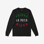 Chinga La Migra Mexico T-shirt features a bold protest slogan in stylized Old English lettering, conveying a powerful anti-ICE message on a black, long-sleeve design for advocates of equality and justice.