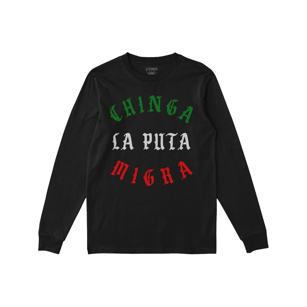 Chinga La Migra Mexico T-shirt features a bold protest slogan in stylized Old English lettering, conveying a powerful anti-IC