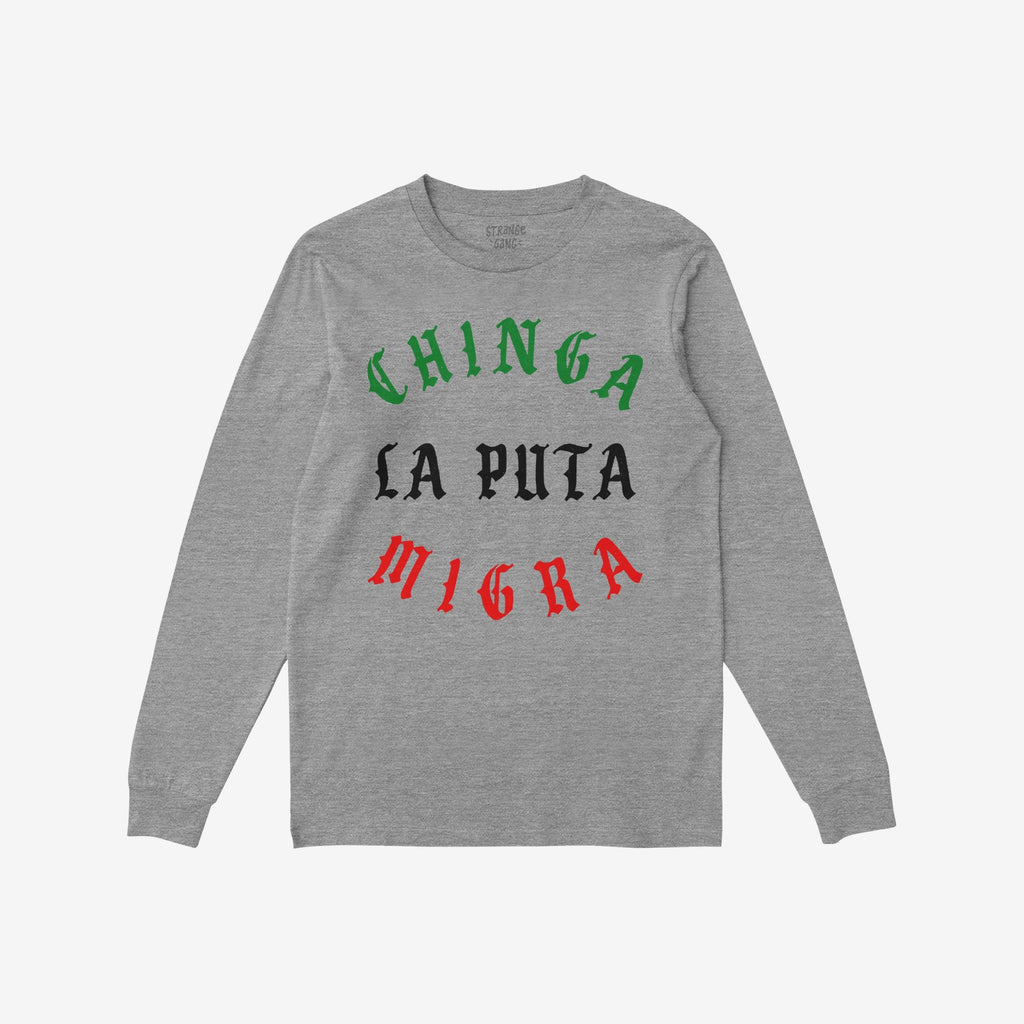 Heather-gray Chinga La Migra Mexico T-shirt features a bold, three-line gothic slogan in Mexican flag colors, embodying protest and immigrant support. Ideal for those who advocate against ICE and for equality.