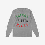 Heather-gray Chinga La Migra Mexico T-shirt features a bold, three-line gothic slogan in Mexican flag colors, embodying protest and immigrant support. Ideal for those who advocate against ICE and for equality.