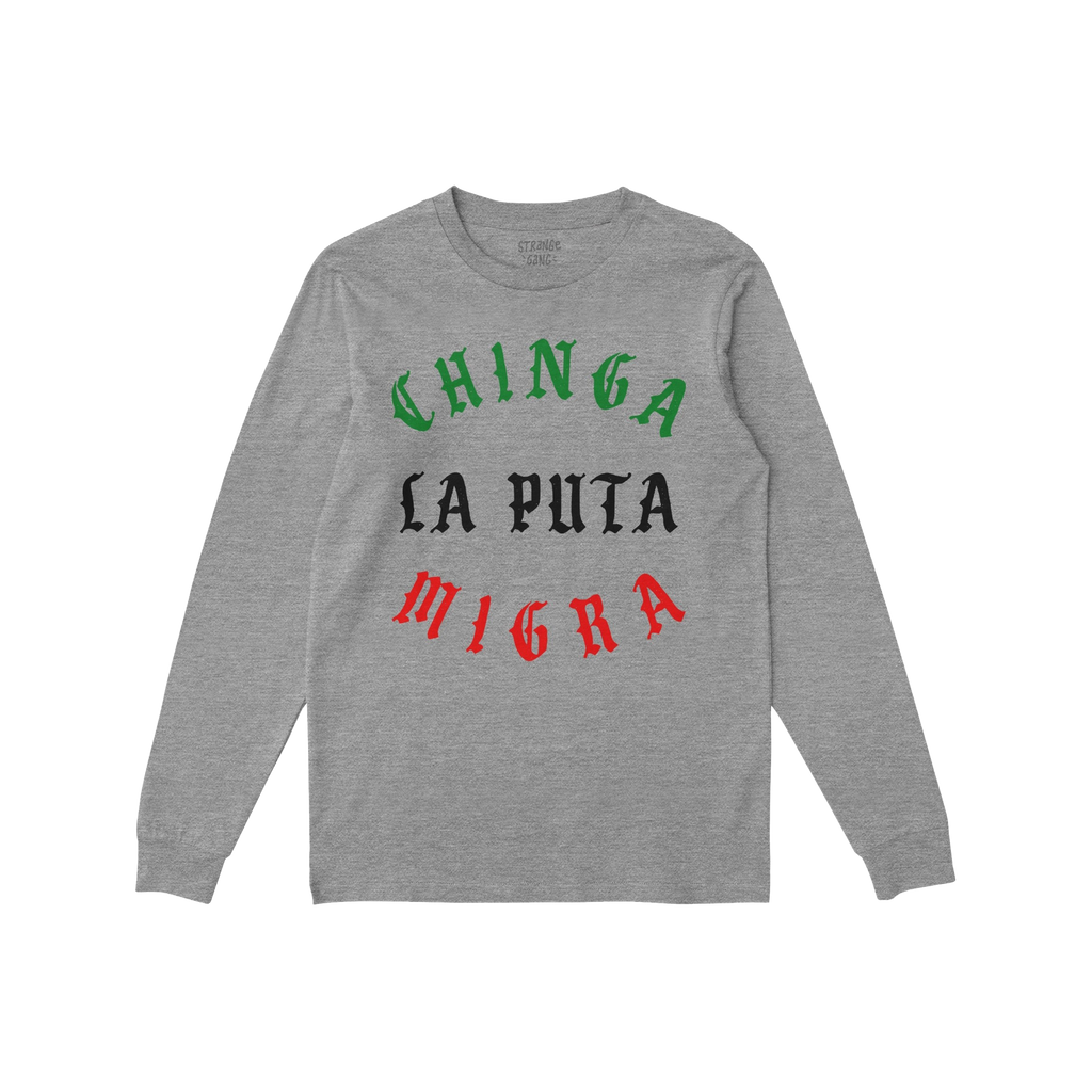 Heather-gray Chinga La Migra Mexico T-shirt features a bold, three-line gothic slogan in Mexican flag colors, embodying prote