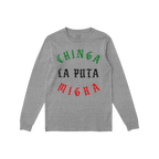 Heather-gray Chinga La Migra Mexico T-shirt features a bold, three-line gothic slogan in Mexican flag colors, embodying prote