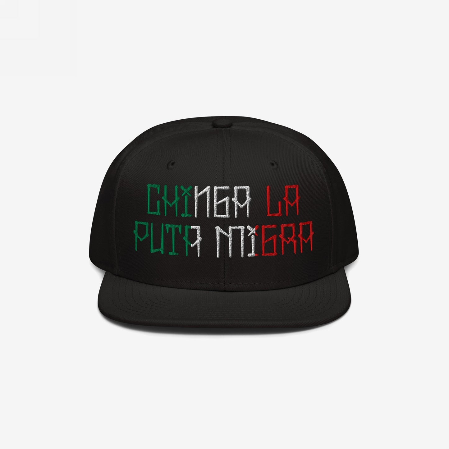 Black trucker cap titled Chinga La Migra Mexico Hat with CHINGA LA PUTA MIGRA embroidered in Mexican flag colors, boldly expressing resistance against immigration authorities, aligning with advocacy for equality and anti-fascism.
