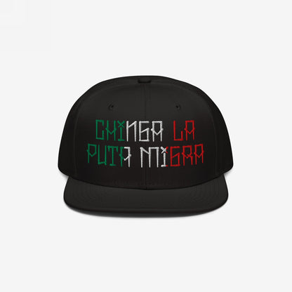 Black trucker cap titled Chinga La Migra Mexico Hat with CHINGA LA PUTA MIGRA embroidered in Mexican flag colors, boldly expressing resistance against immigration authorities, aligning with advocacy for equality and anti-fascism.