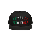 Black snapback-style Chinga La Migra Mexico Hat with bold Old English embroidery, featuring a protest slogan supporting immig