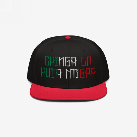 Chinga La Migra Mexico Hat: A bold snapback cap with Chinga la puta migra embroidered in Mexican flag colors, making a powerful statement against U.S. immigration enforcement.