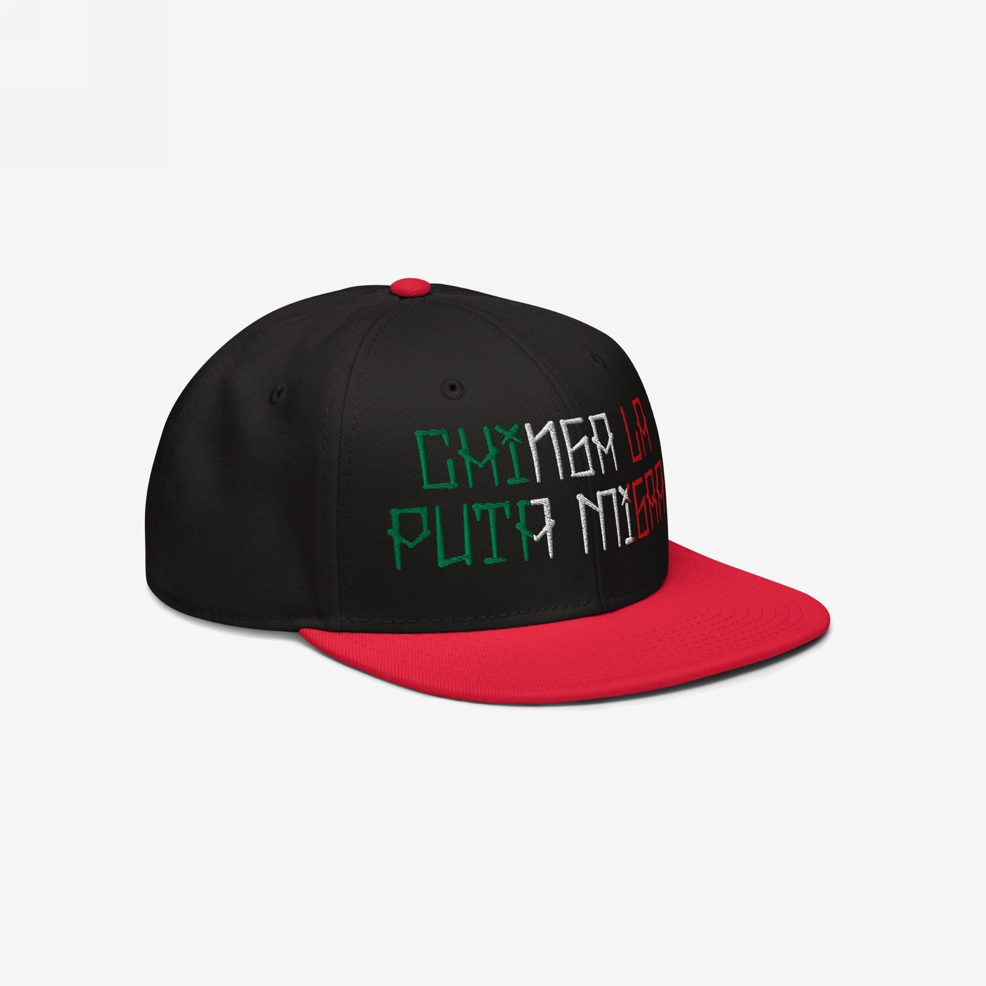 Chinga La Migra Mexico Hat with pixel-style embroidery in flag colors, bold statement against CBP/ICE. Black crown, red brim, ideal for activism and expressing solidarity with marginalized communities.