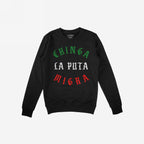 Chinga La Migra Mexico Sweatshirt displays a bold protest slogan in Mexican flag colors, featuring blackletter typeface, perfect for those supporting immigrant rights and anti-fascist movements.