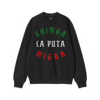 Chinga La Migra Mexico Sweatshirt displays a bold protest slogan in Mexican flag colors, featuring blackletter typeface, perf