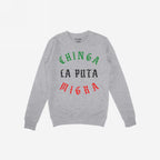 Heather-gray crewneck sweatshirt titled Chinga La Migra Mexico Hoodie & Sweatshirt, featuring a bold protest slogan in vintage blackletter with a distressed look, embodying anti-fascist and immigrant rights support.