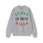 Heather-gray crewneck sweatshirt titled Chinga La Migra Mexico Hoodie & Sweatshirt, featuring a bold protest slogan in vintag